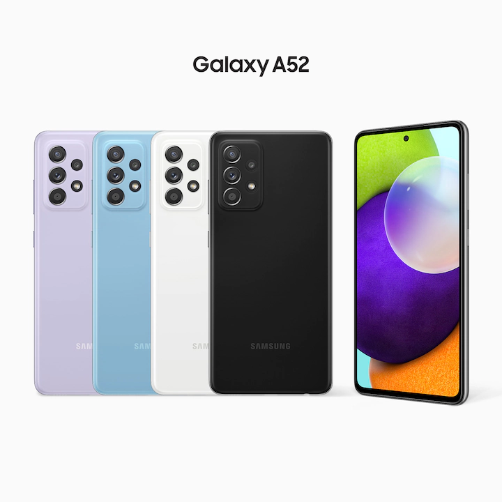 Four phones of diffrent colors and one facing forwards