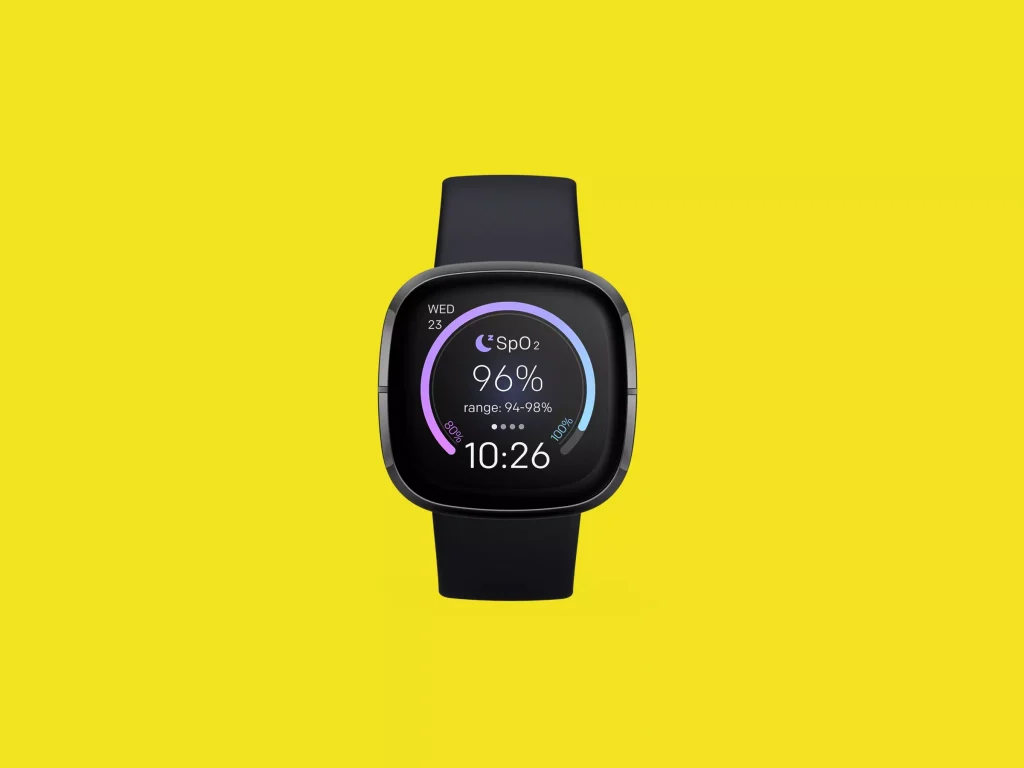 FitBit Sense placed on a yellow background