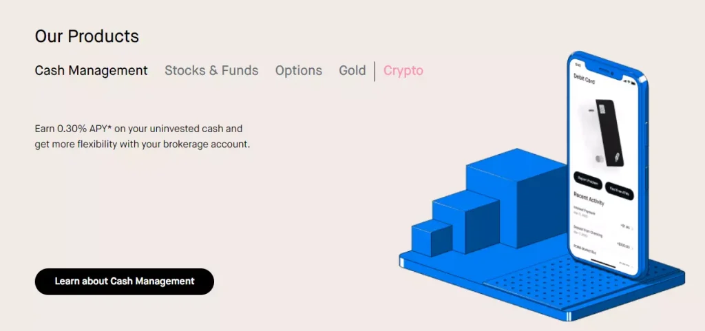 A picture from the official website of Robinhood representing their products and services