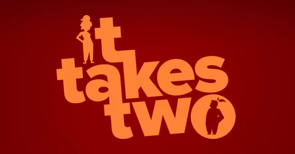 It takes two game logo written in orange on a red background