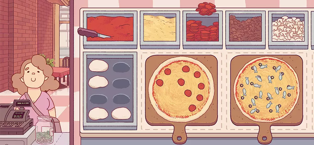 In game footage of game good pizza, great pizza