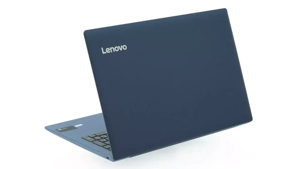 Navy blue laptop photographed from the back