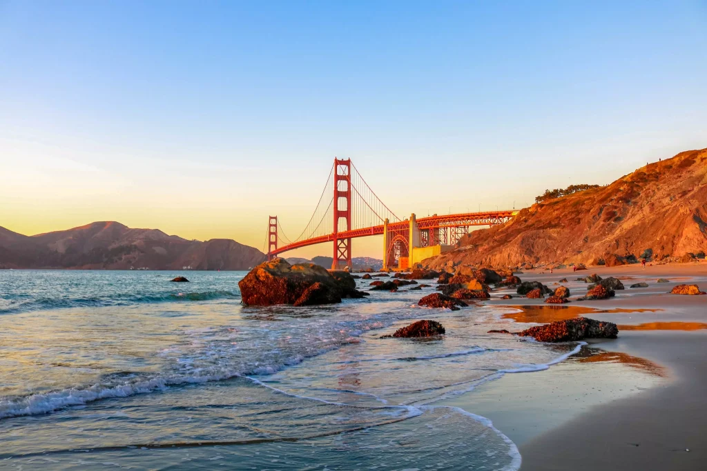 a red bridge on the sea