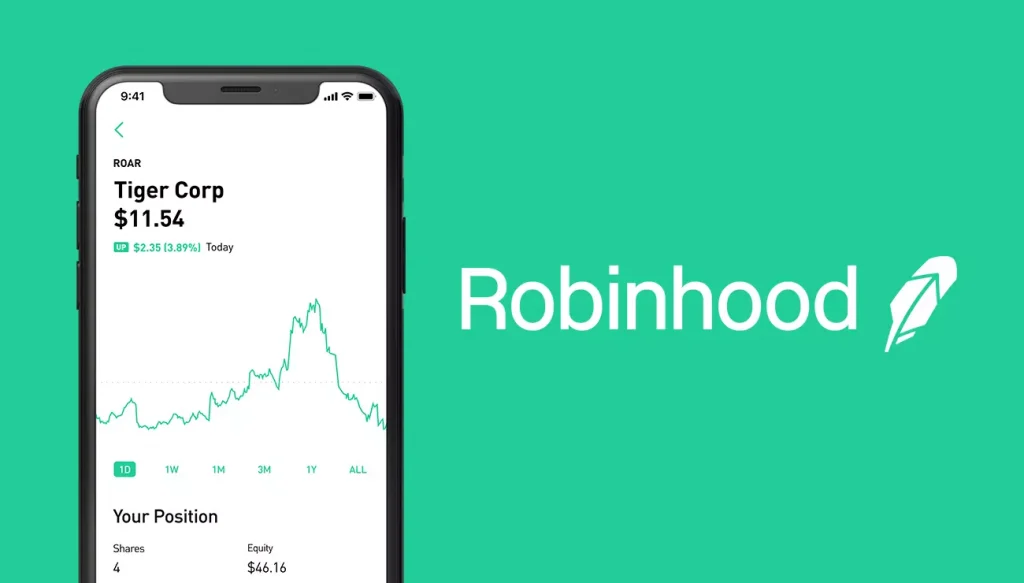 The Robinhood logo and a phone next to it that shows some stocks