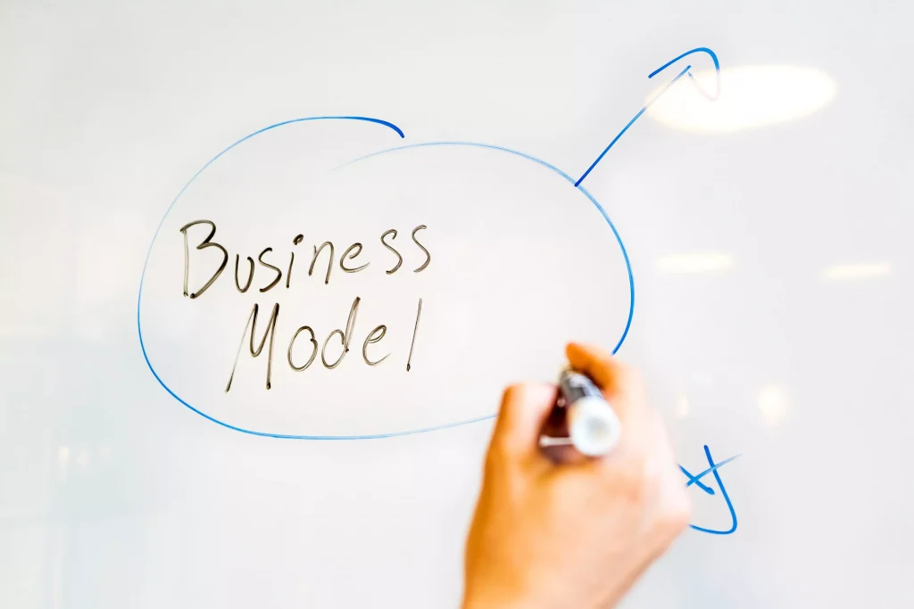 Business model written on a whiteboard and circeled with a blue marker