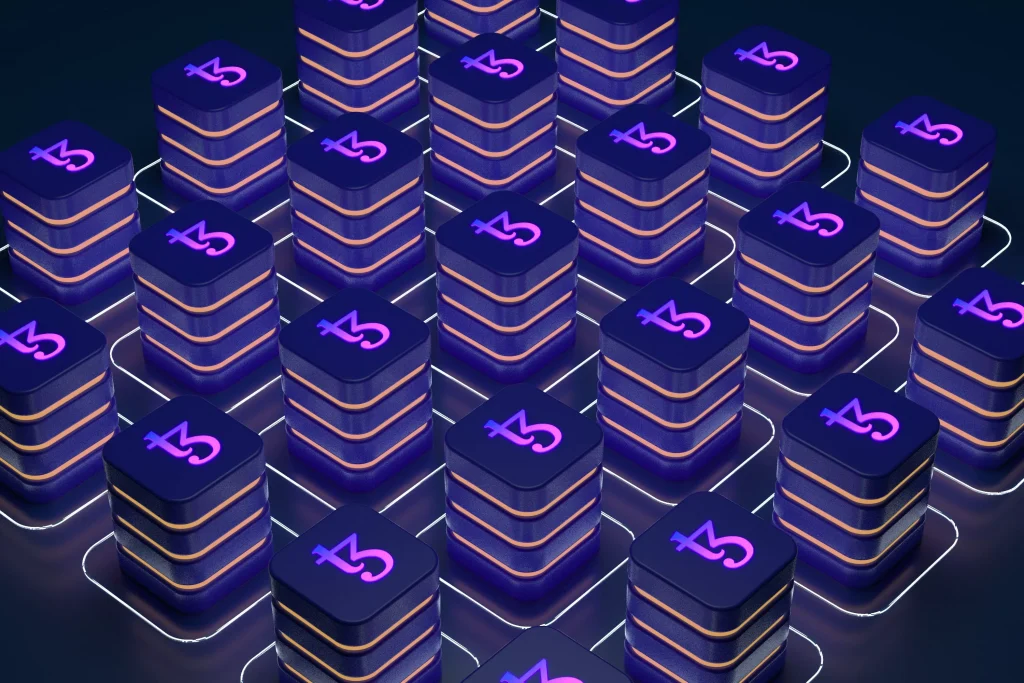 Purple neon colors in cubic shapes stacked on each other