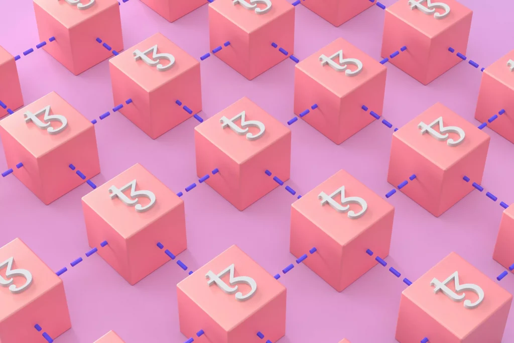 Pink cubes conected with blue lines