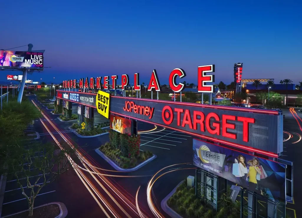 Tempe marketplace sign with the shops displayed below