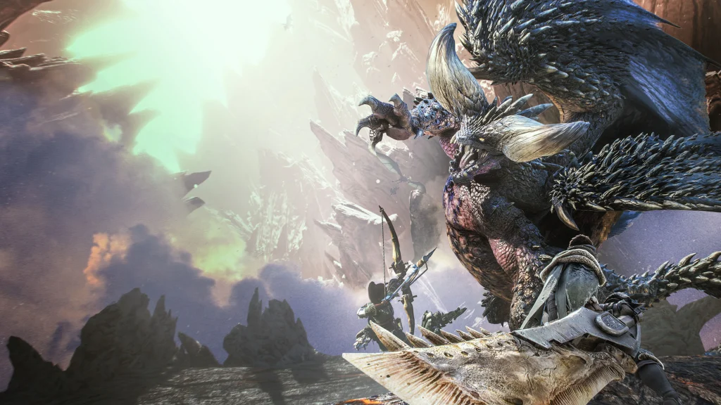 A cinematic scene from the game Monster Hunter World depicted in a picture