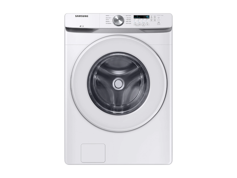 White washing machine with silver details