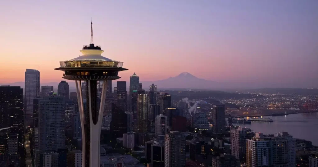 a city with big skyscrappers photographed from the air