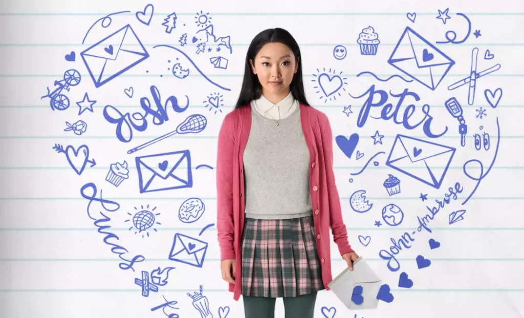 a girl in a pink vest standing in a blue heart on a white background