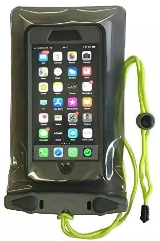 a phone in a lime green bag