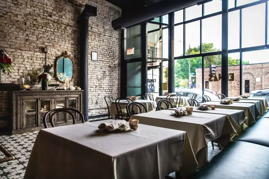 brown themed restaurant with big windows