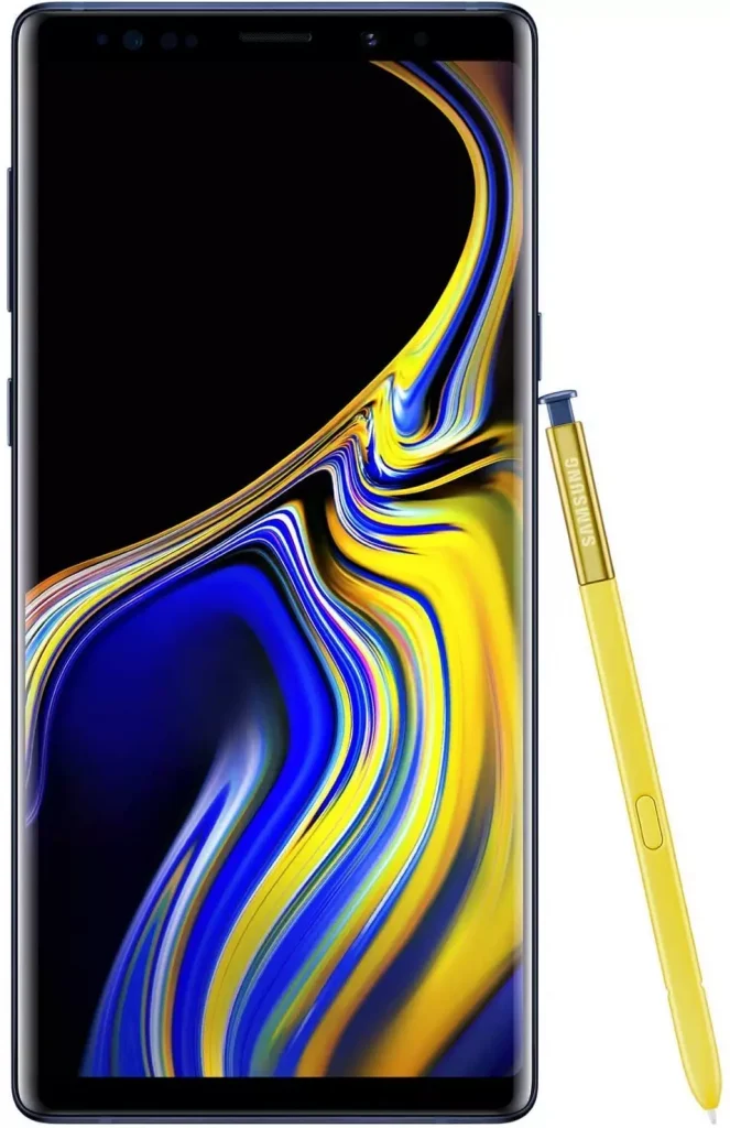 a blue and yellow phone next to a yellow pen