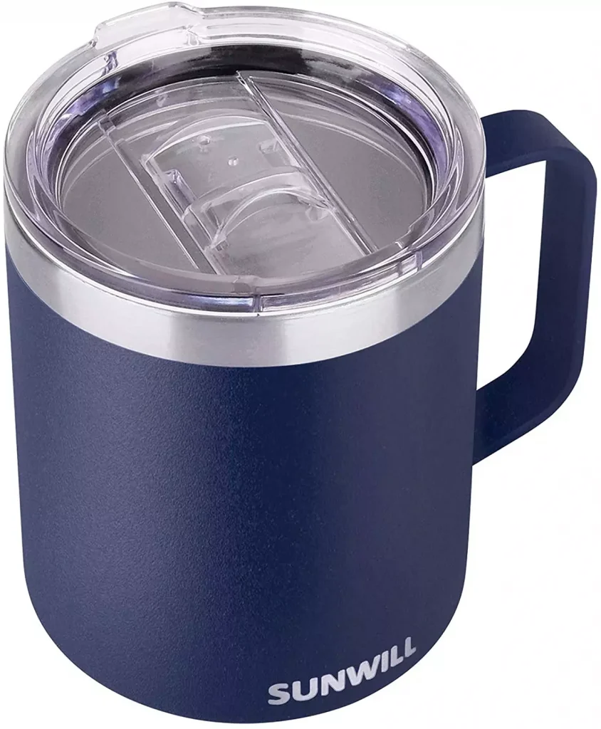 blue coffe mug with a glass lid on it