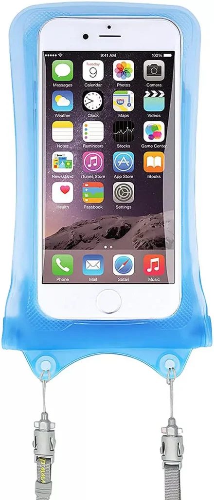 a phone in a blue color bag