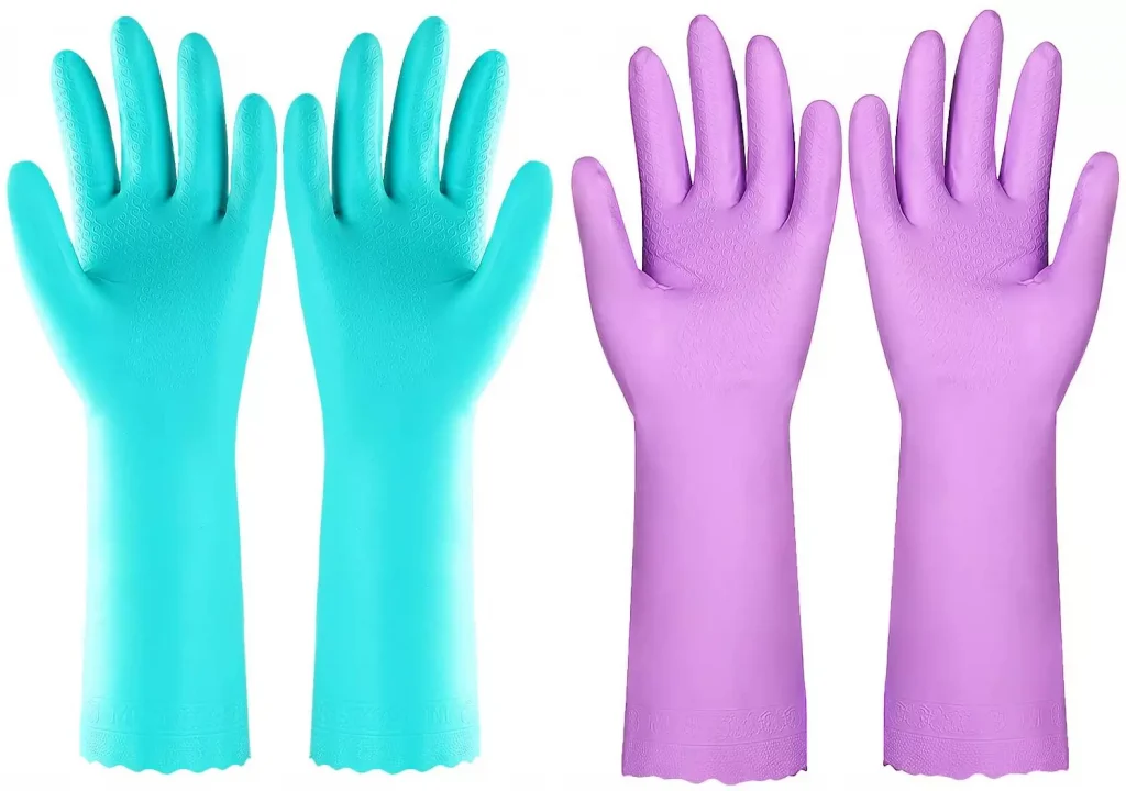 blue and violet rubber gloves