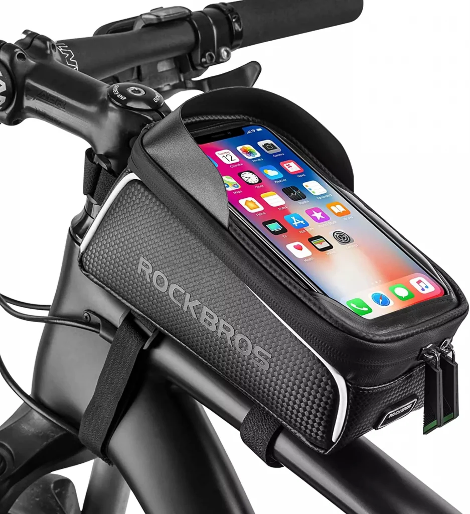 a phone case attached to a black color bike