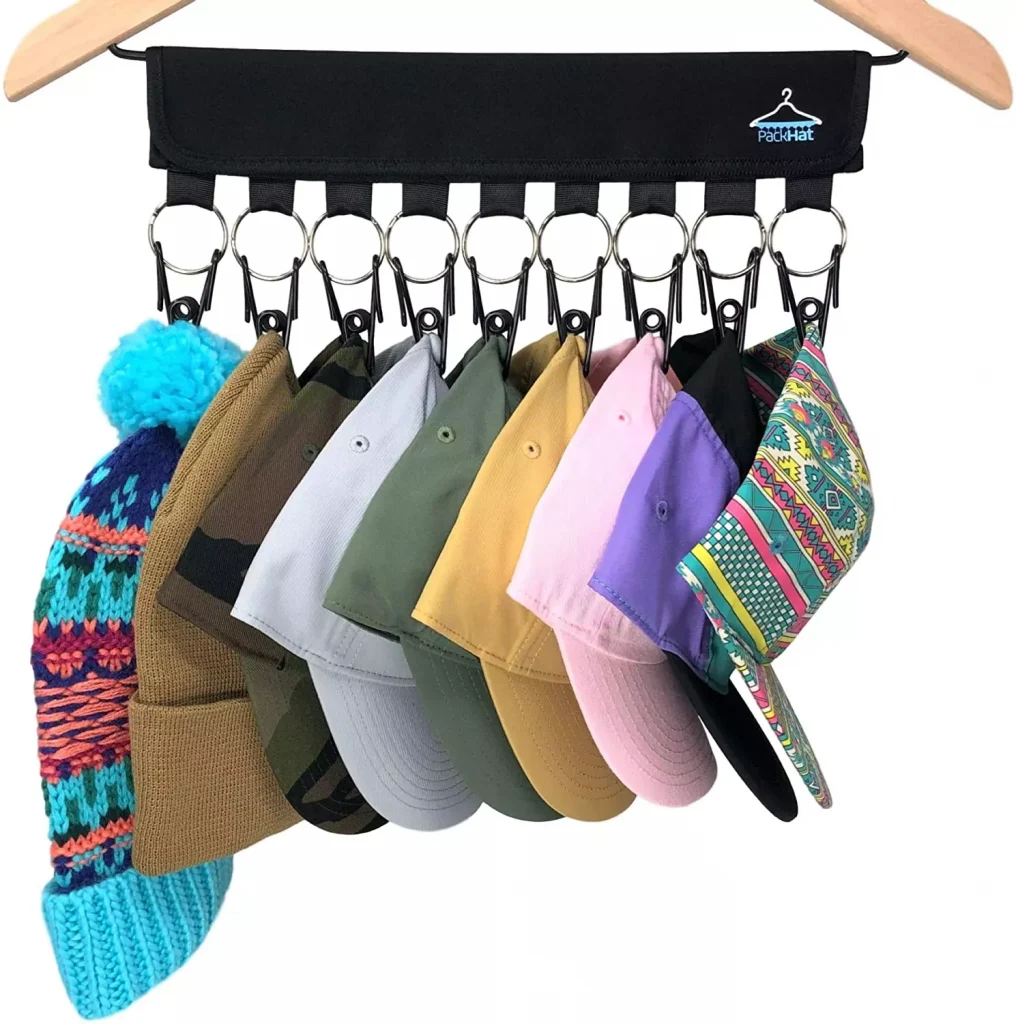 baseball caps on a holder