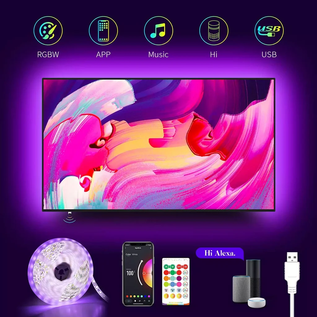 a tv with neon lights infront of smart phones