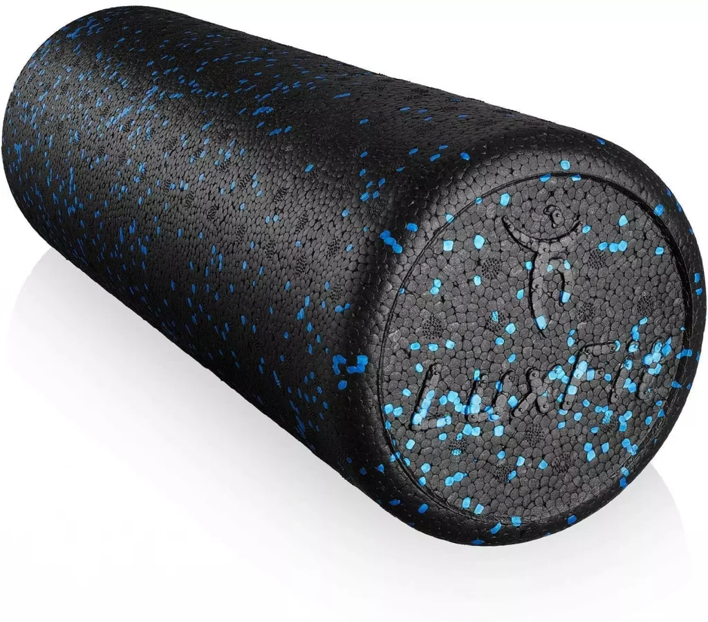 a black color foam roller with blue details