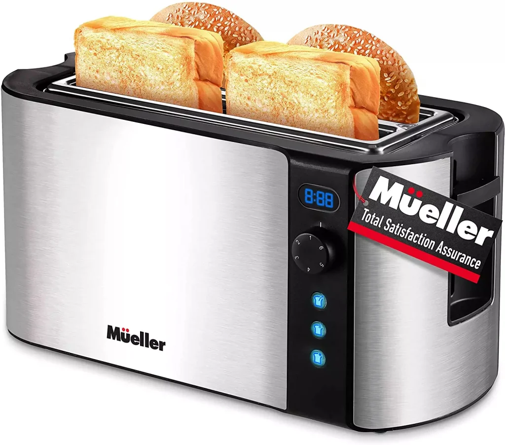 a silver toaster with bread inside it