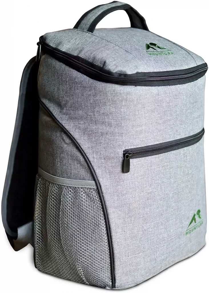 a grey color backpack with green details