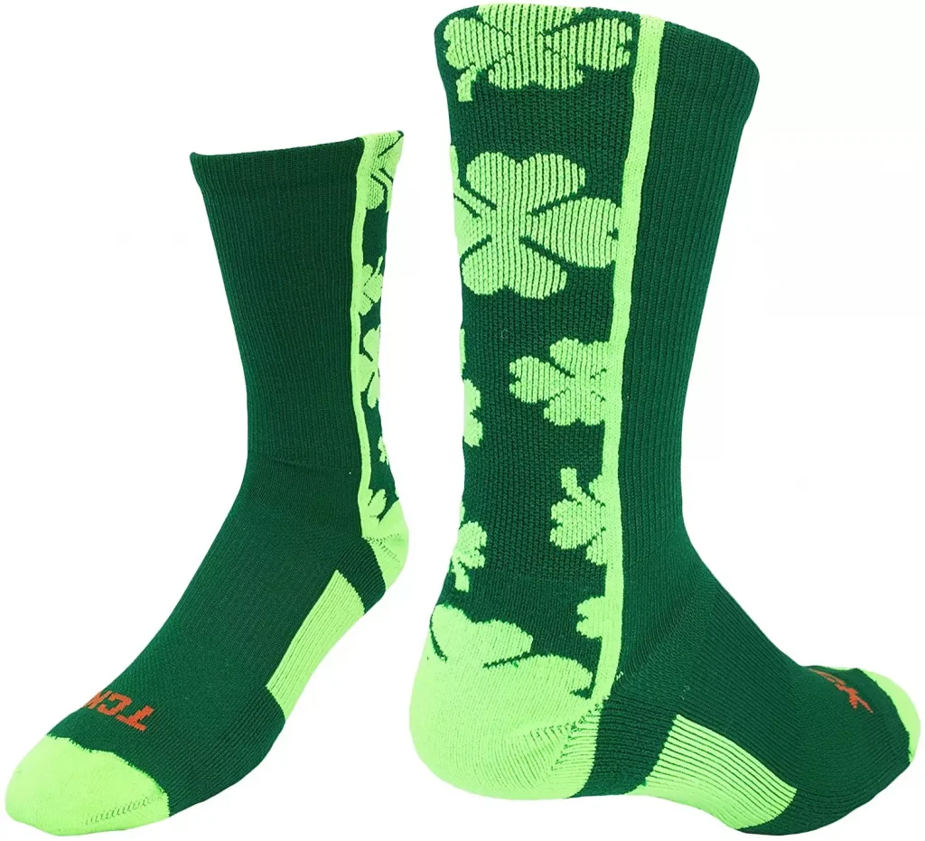 green socks with shamrock prints on them