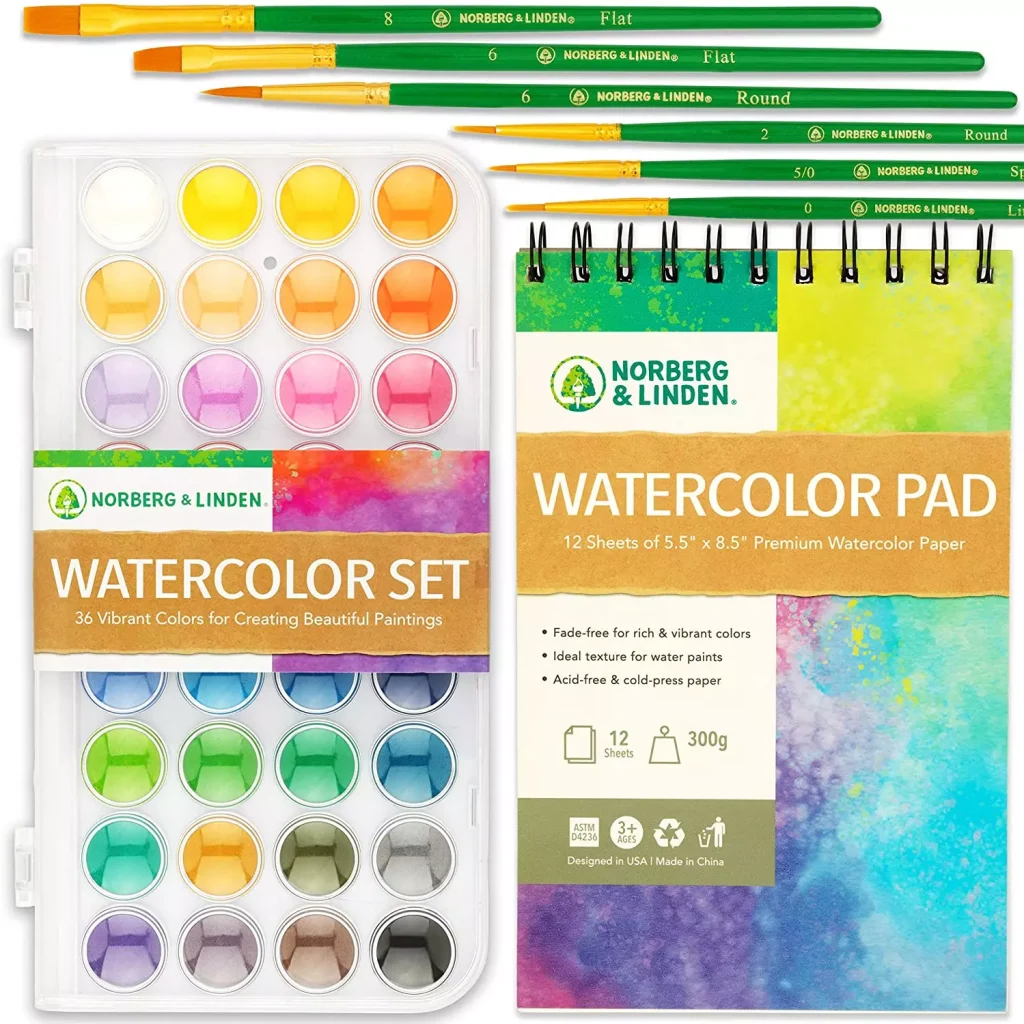 a watercolor set for children in green boxes