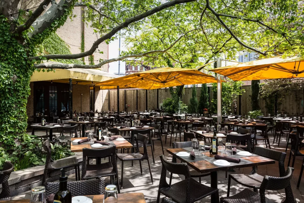 outside of a restaurant with yellow big umbrellas