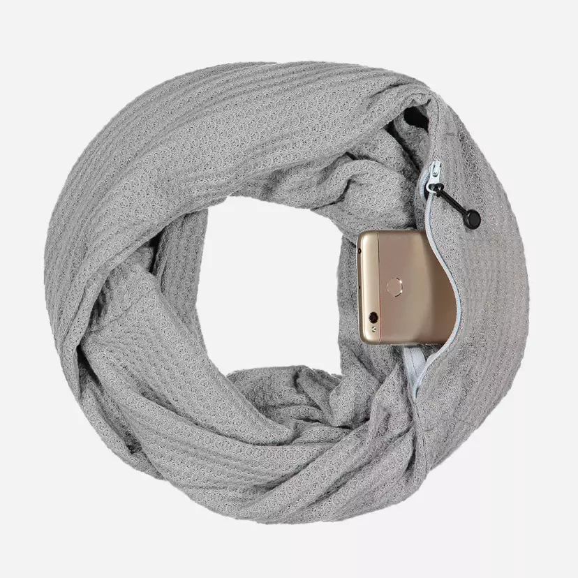 a grey scarf with a phone in it