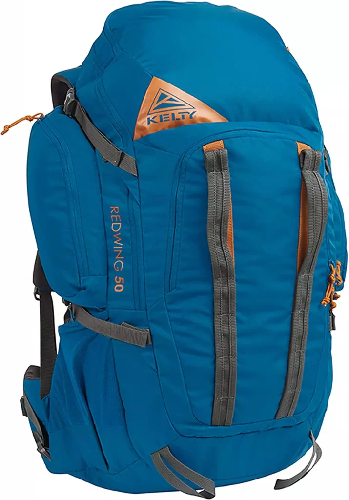 a blue backpack with a lot of pockets