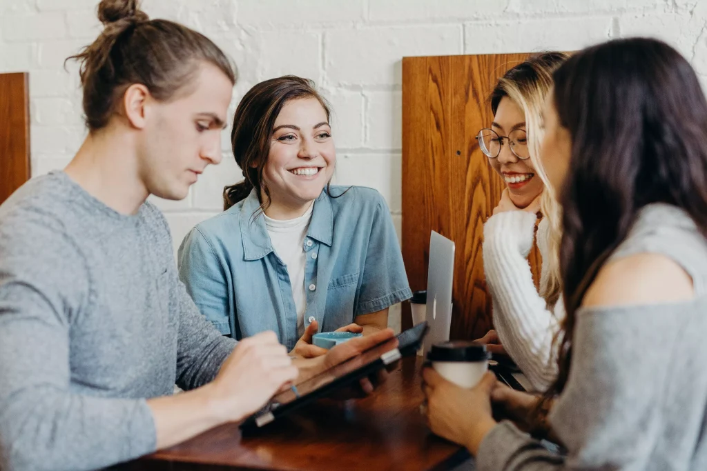 people speaking in a restaurant