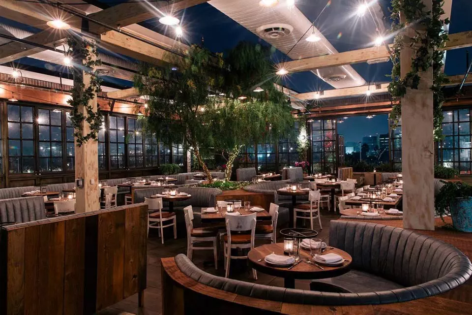 restaurant with round tables and plants next to them