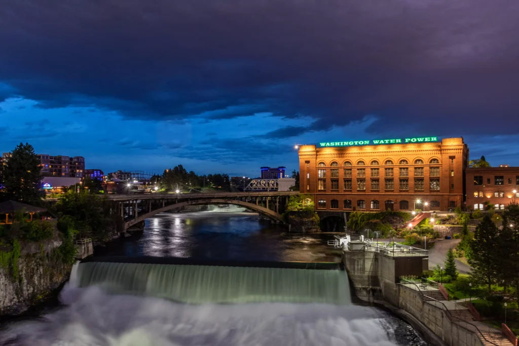 A city on a river photographed during nighttime