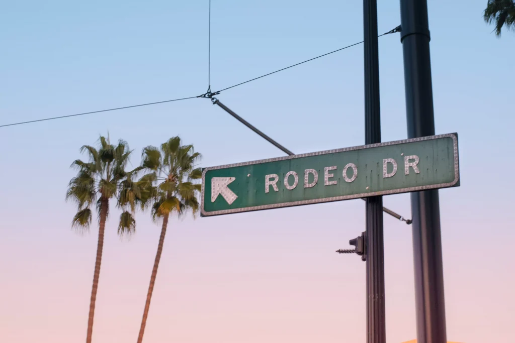 a blue sign that says rode drive next to palm trees