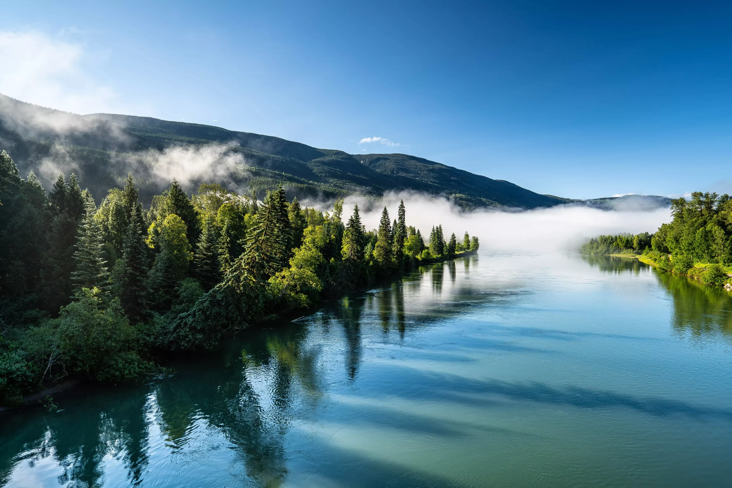 blue river surrounded by green trees and a mountain in the back