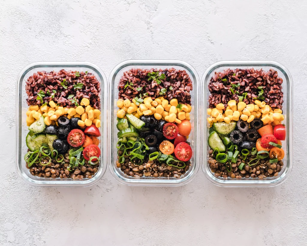 three perfectly organized bowls of food