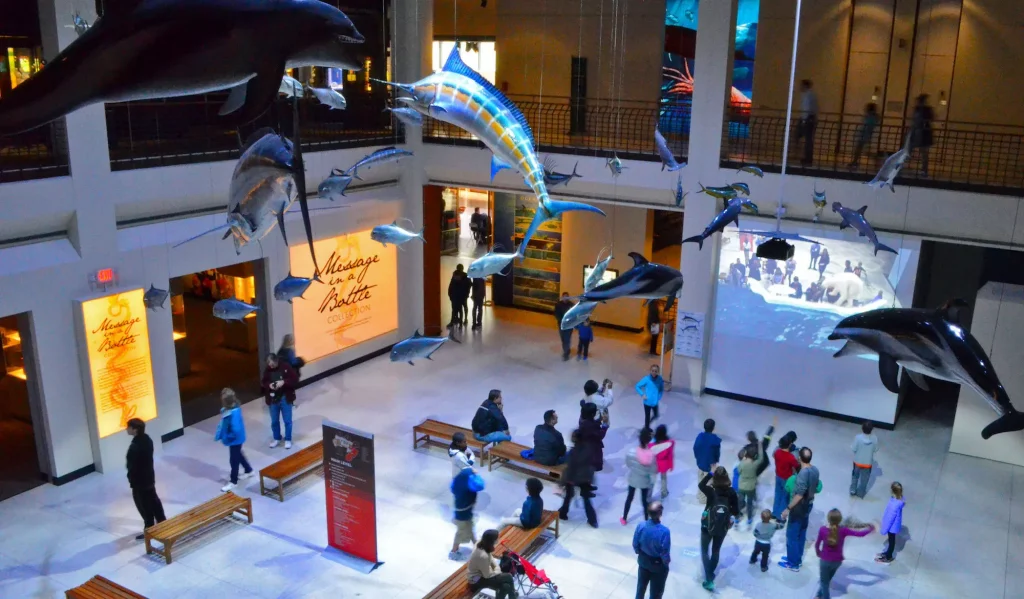 inside of a museum with statues of animals