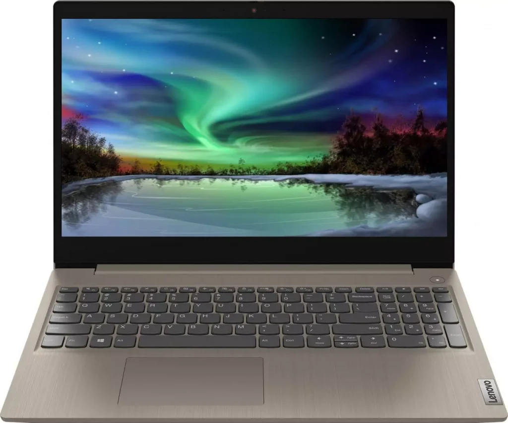 a silver color laptop with a lake as its wallpaper