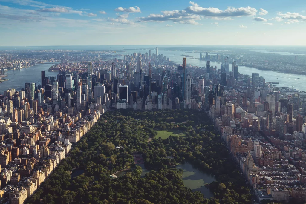 aerial view of a big city next to a river