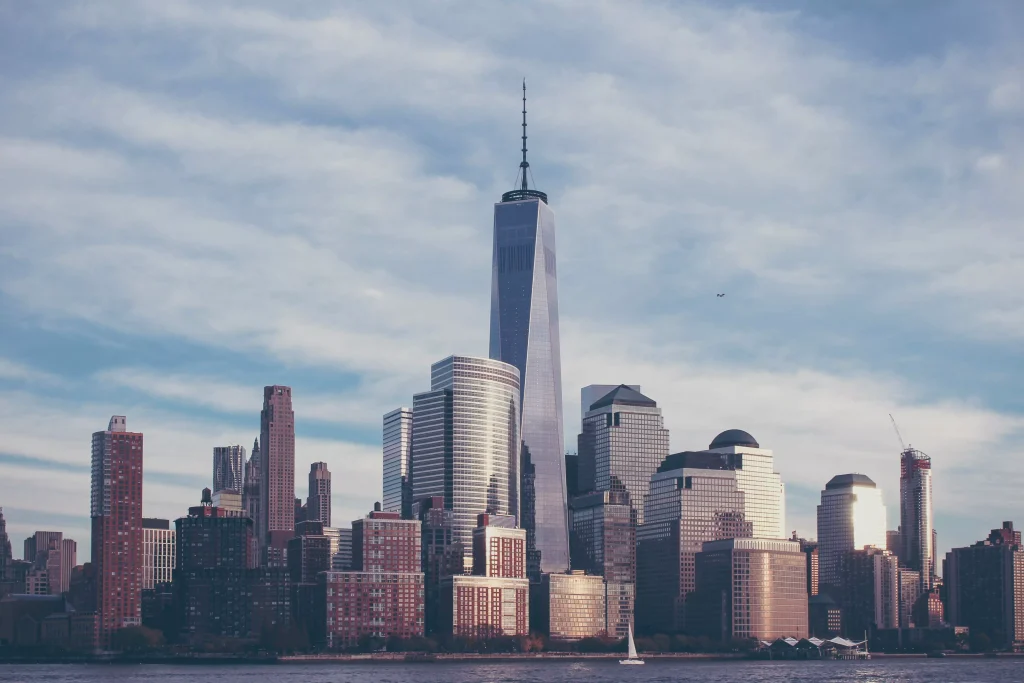 one big building surrounded by small buildings