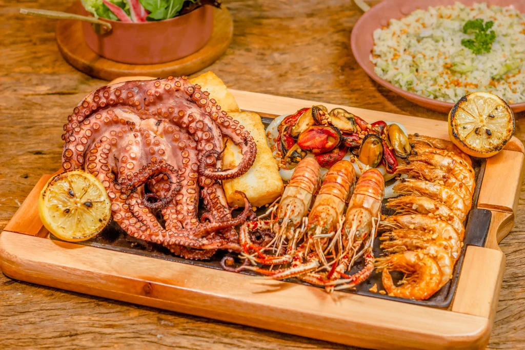 sea food on a wooden plate