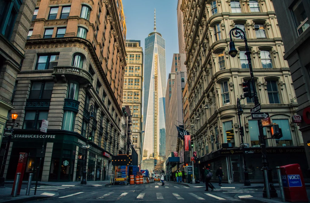 big skyscraper buildings photographed from the frog perspective