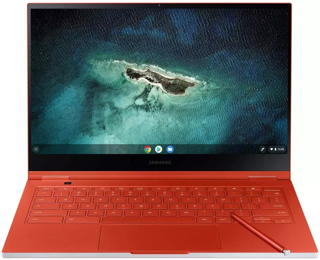 a red laptop with a red pen photographed from the front