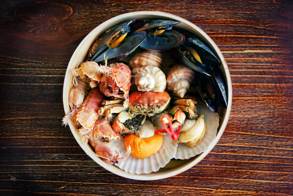 mixed food from the sea in a cereal bowl