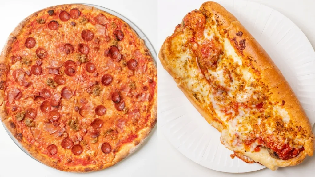 a bread next to a pizza