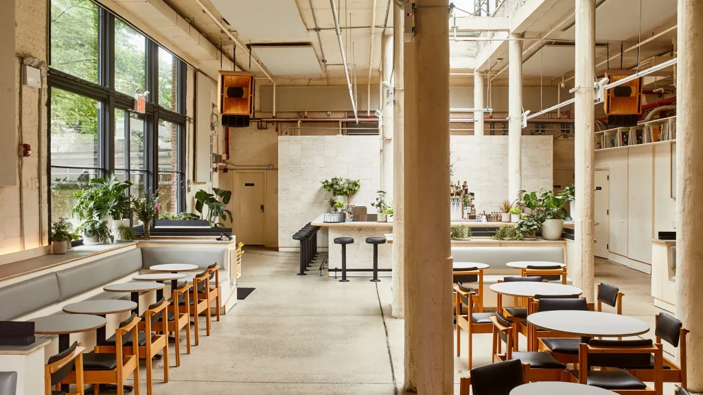 interior of a restaurant with white furniture