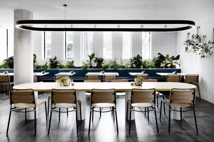 light brown chairs next to a white table photographed inside of a restaurant